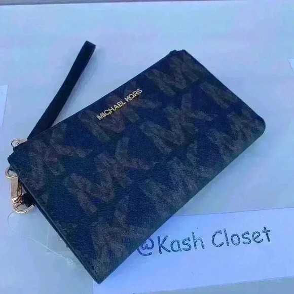 Michael Kors Double Zip Wristlet Phone Wallet MK Signature Black Multi - Picture 1 of 7